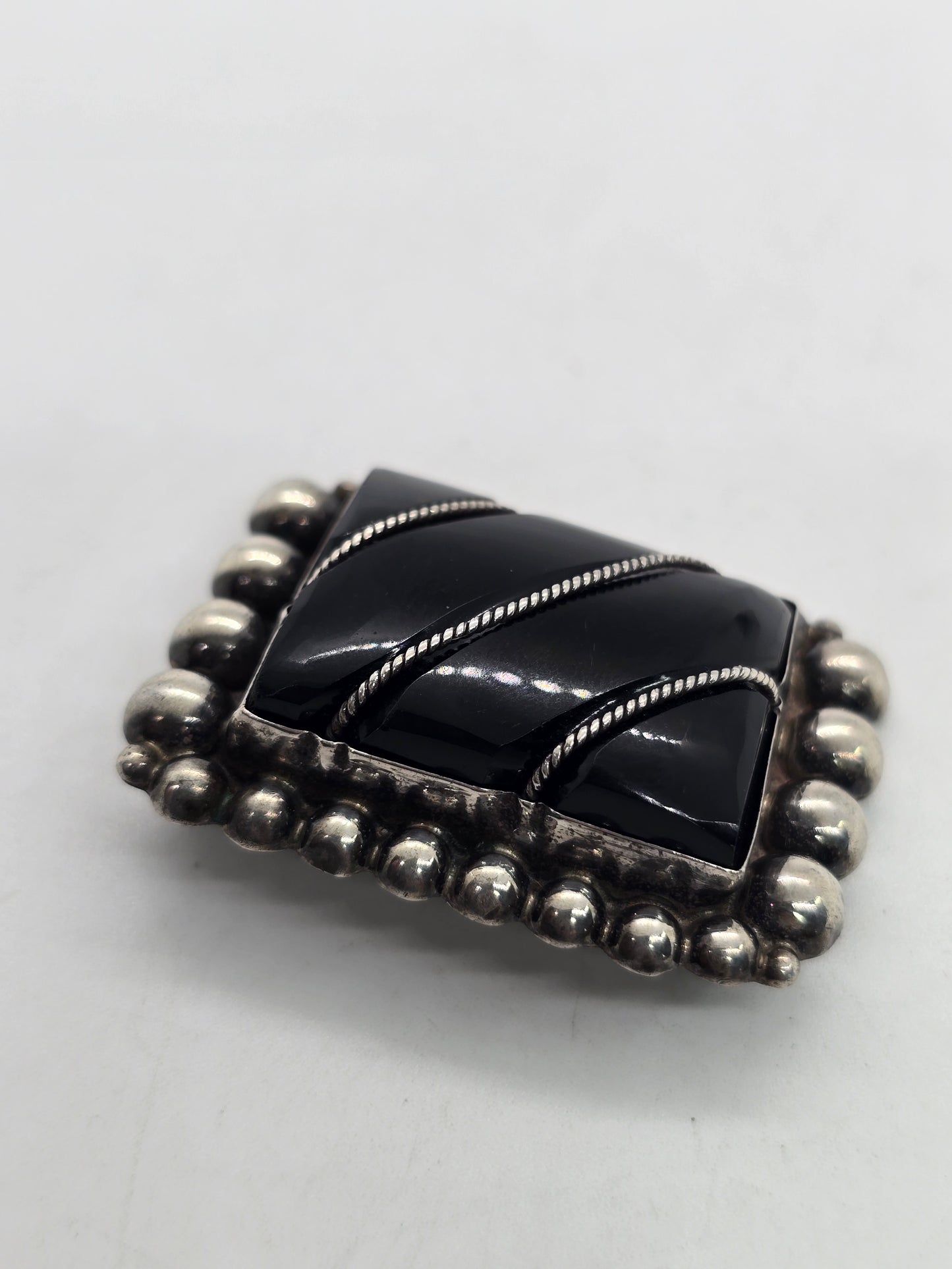 Mexican Black onyx Mexico vintage sterling silver large brooch