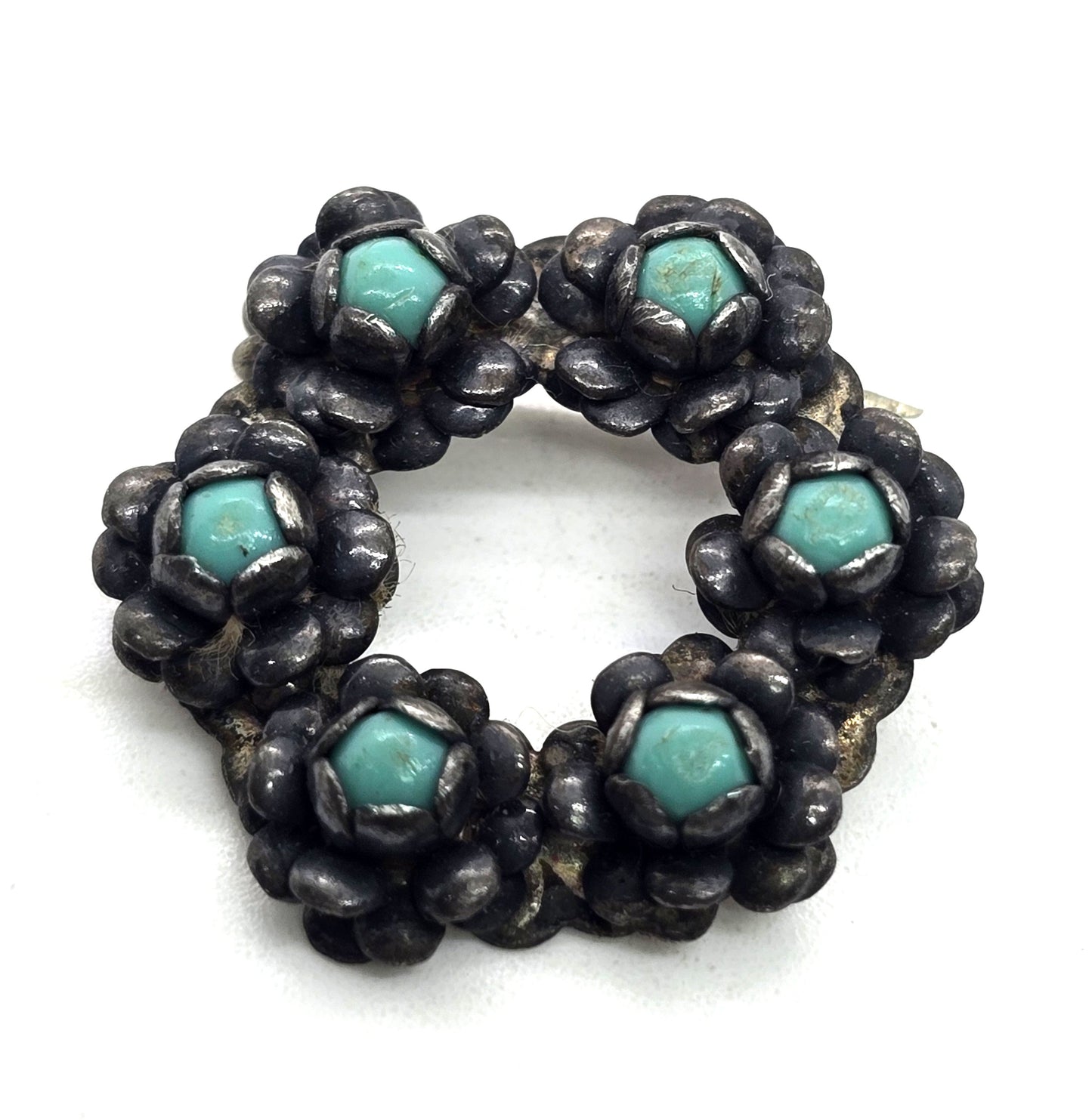 Zuni Snake Eyes flower petite point turquoise vintage Sterling Silver brooch