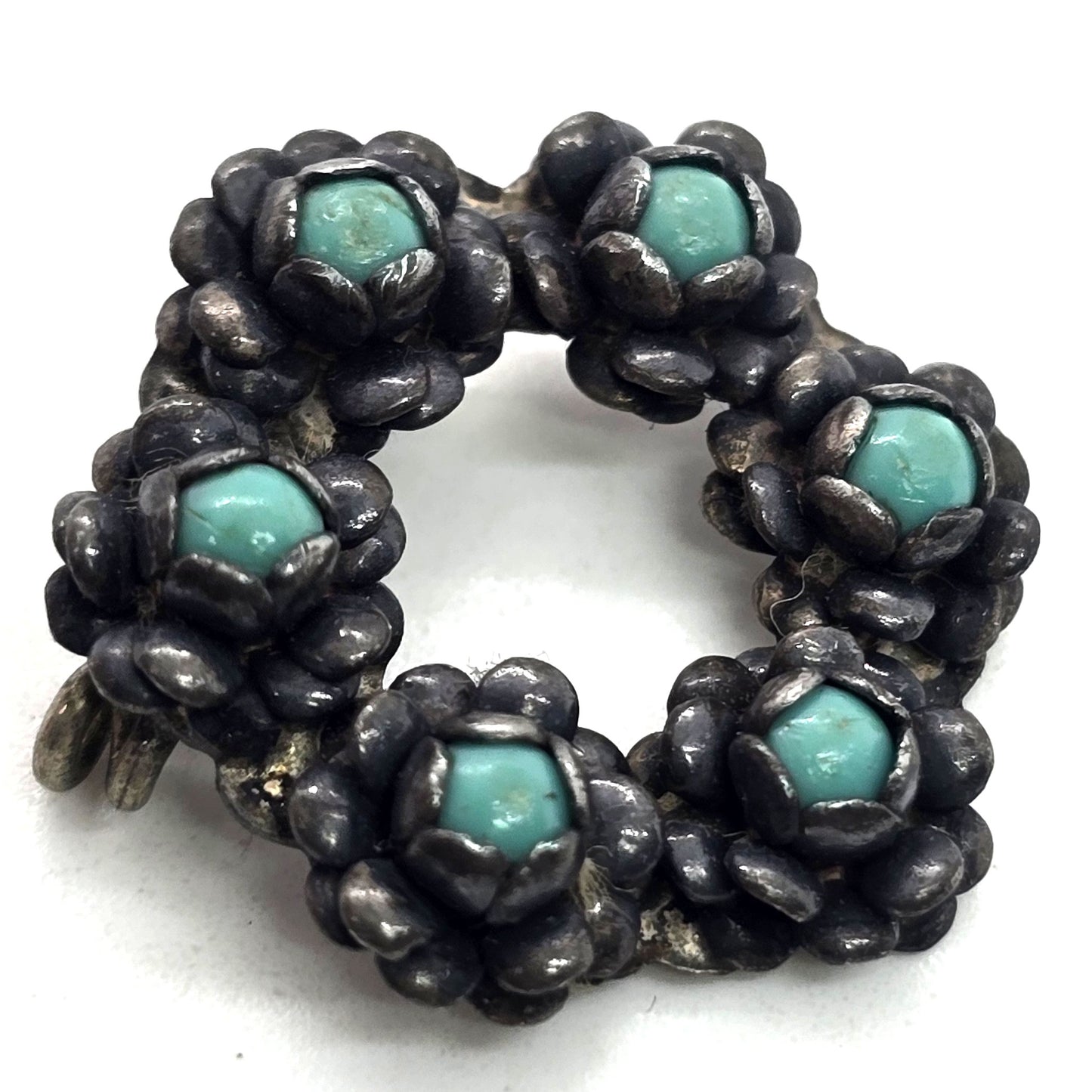 Zuni Snake Eyes flower petite point turquoise vintage Sterling Silver brooch
