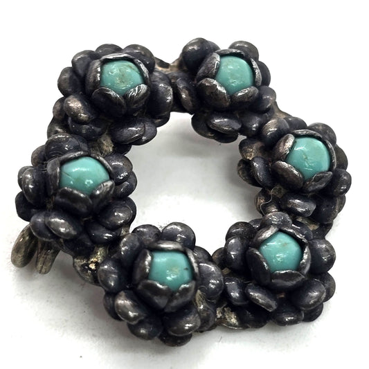 Zuni Snake Eyes flower petite point turquoise vintage Sterling Silver brooch