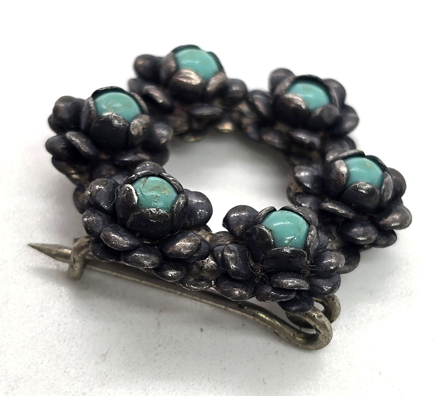 Zuni Snake Eyes flower petite point turquoise vintage Sterling Silver brooch