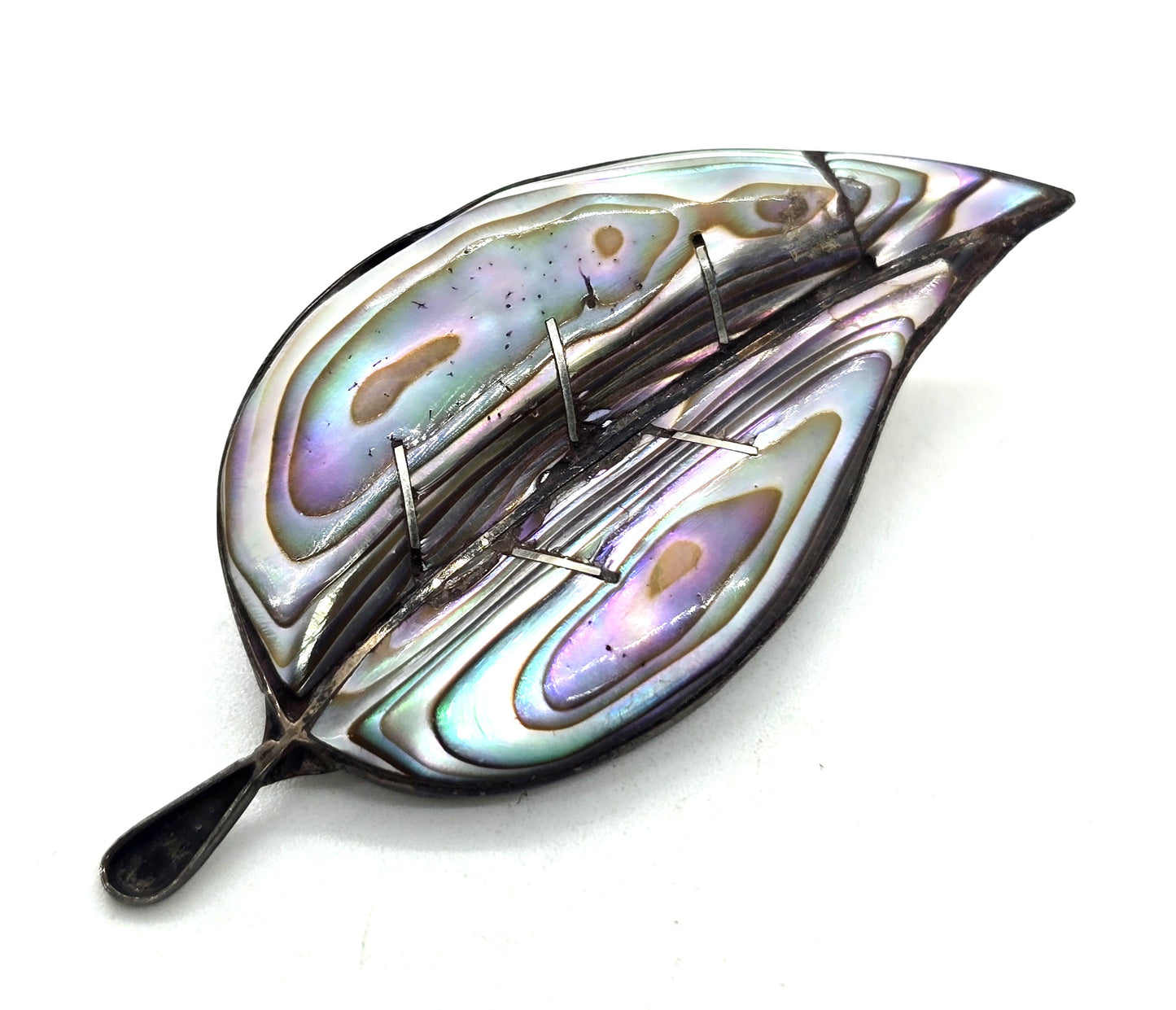 Leaf abalone thick Mexico sterling silver vintage shell brooch