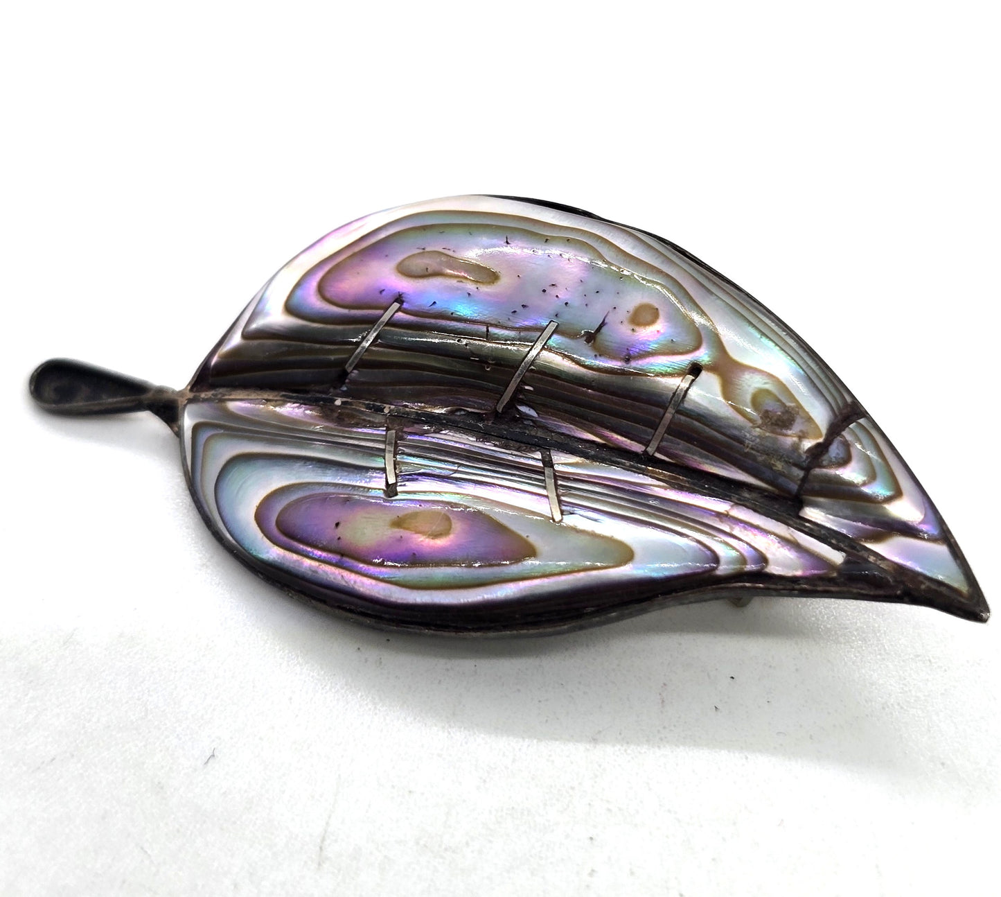Leaf abalone thick Mexico sterling silver vintage shell brooch