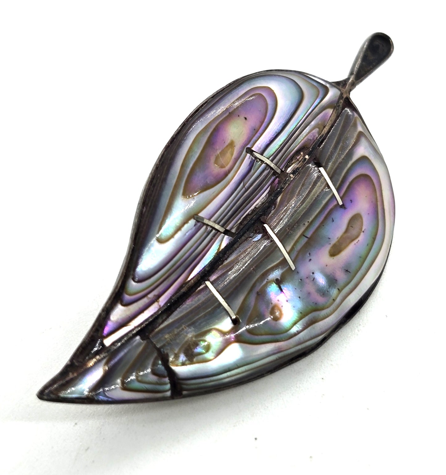 Leaf abalone thick Mexico sterling silver vintage shell brooch