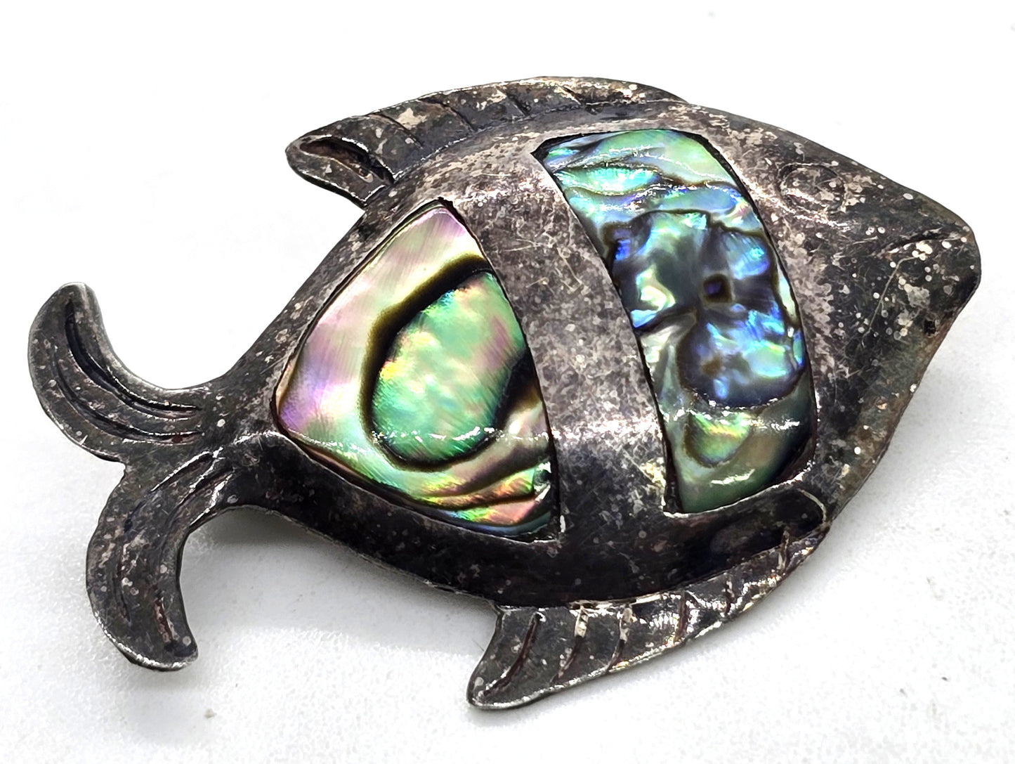 Fish abalone stripped ARM Mexico sterling silver vintage shell brooch