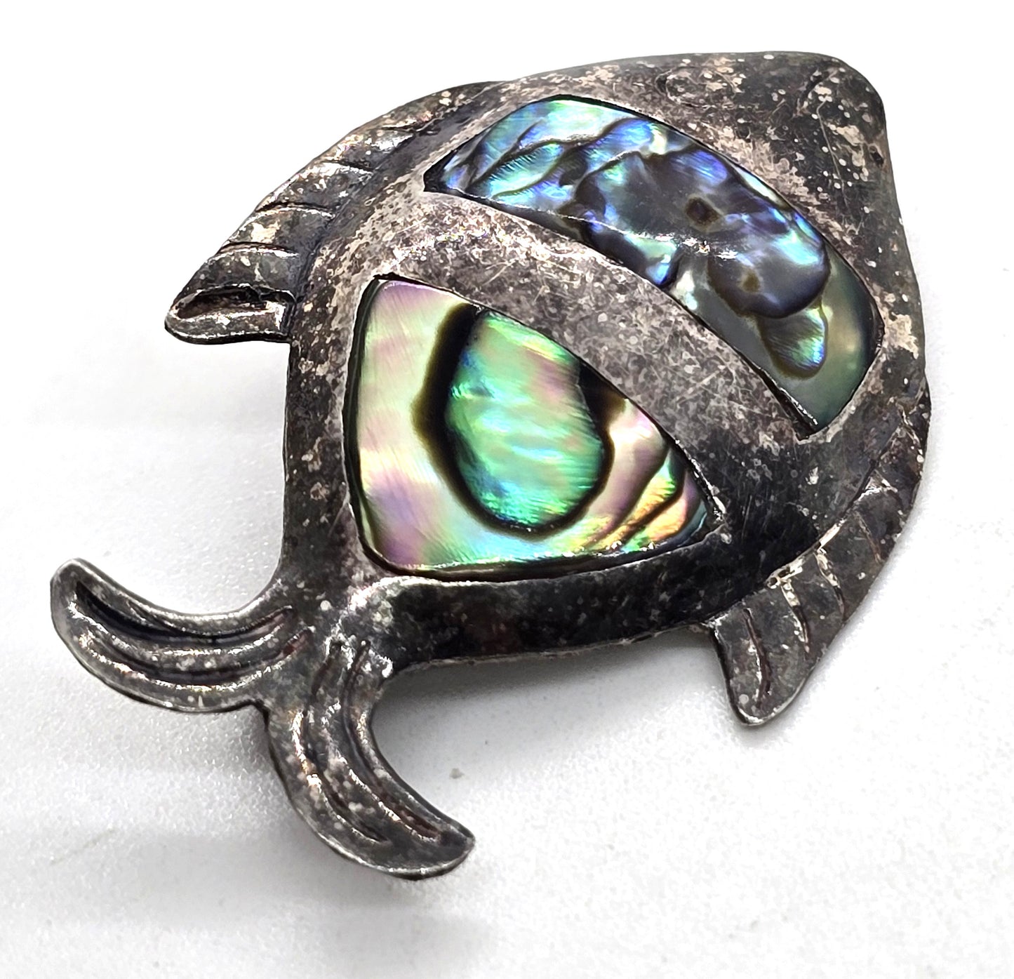 Fish abalone stripped ARM Mexico sterling silver vintage shell brooch