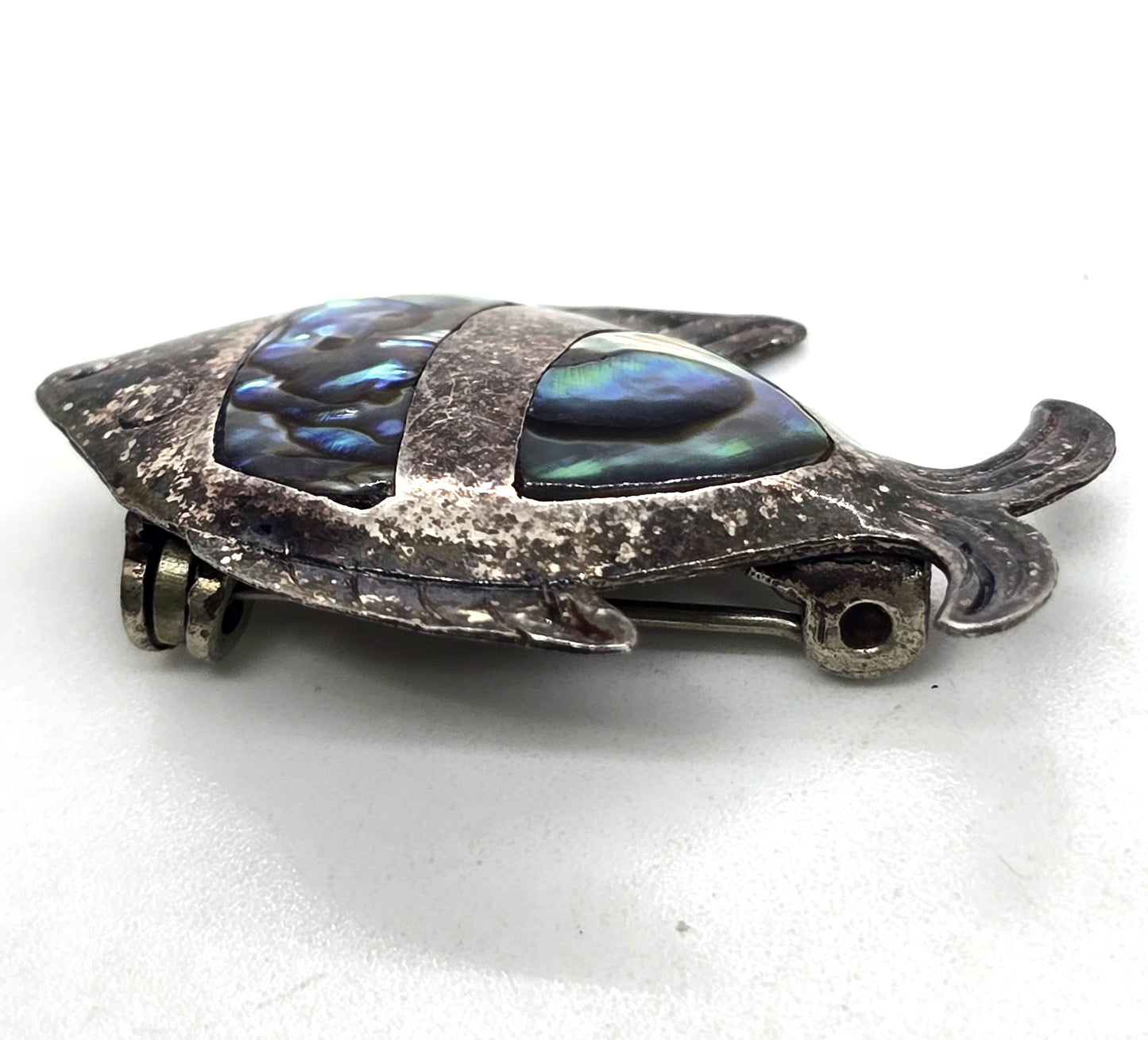 Fish abalone stripped ARM Mexico sterling silver vintage shell brooch