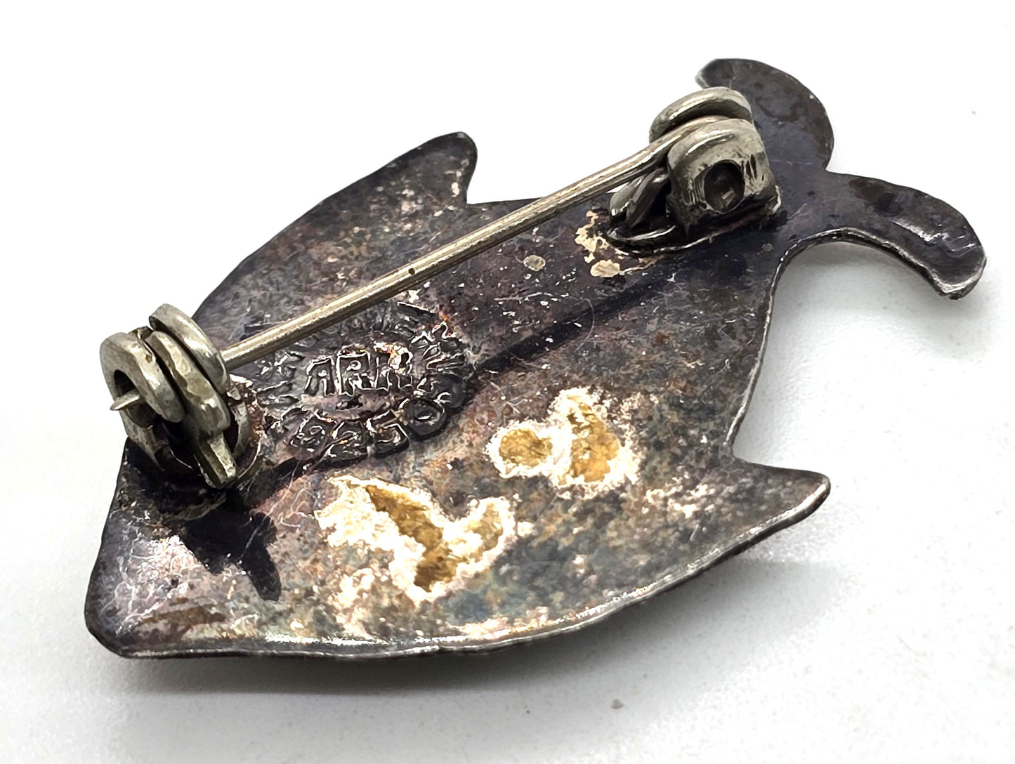 Fish abalone stripped ARM Mexico sterling silver vintage shell brooch