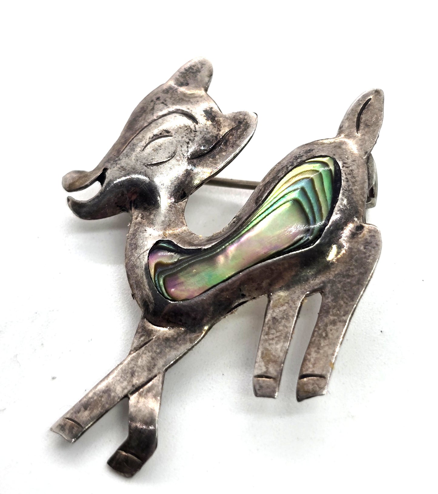 Baby fawn deer abalone ARK Mexico sterling silver vintage shell brooch