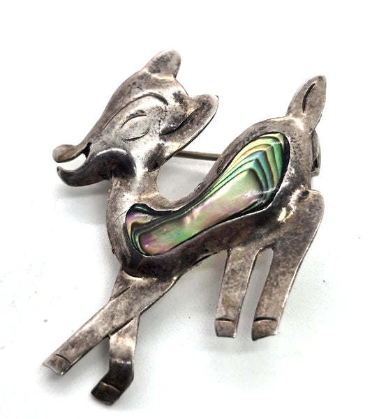 Baby fawn deer abalone ARK Mexico sterling silver vintage shell brooch