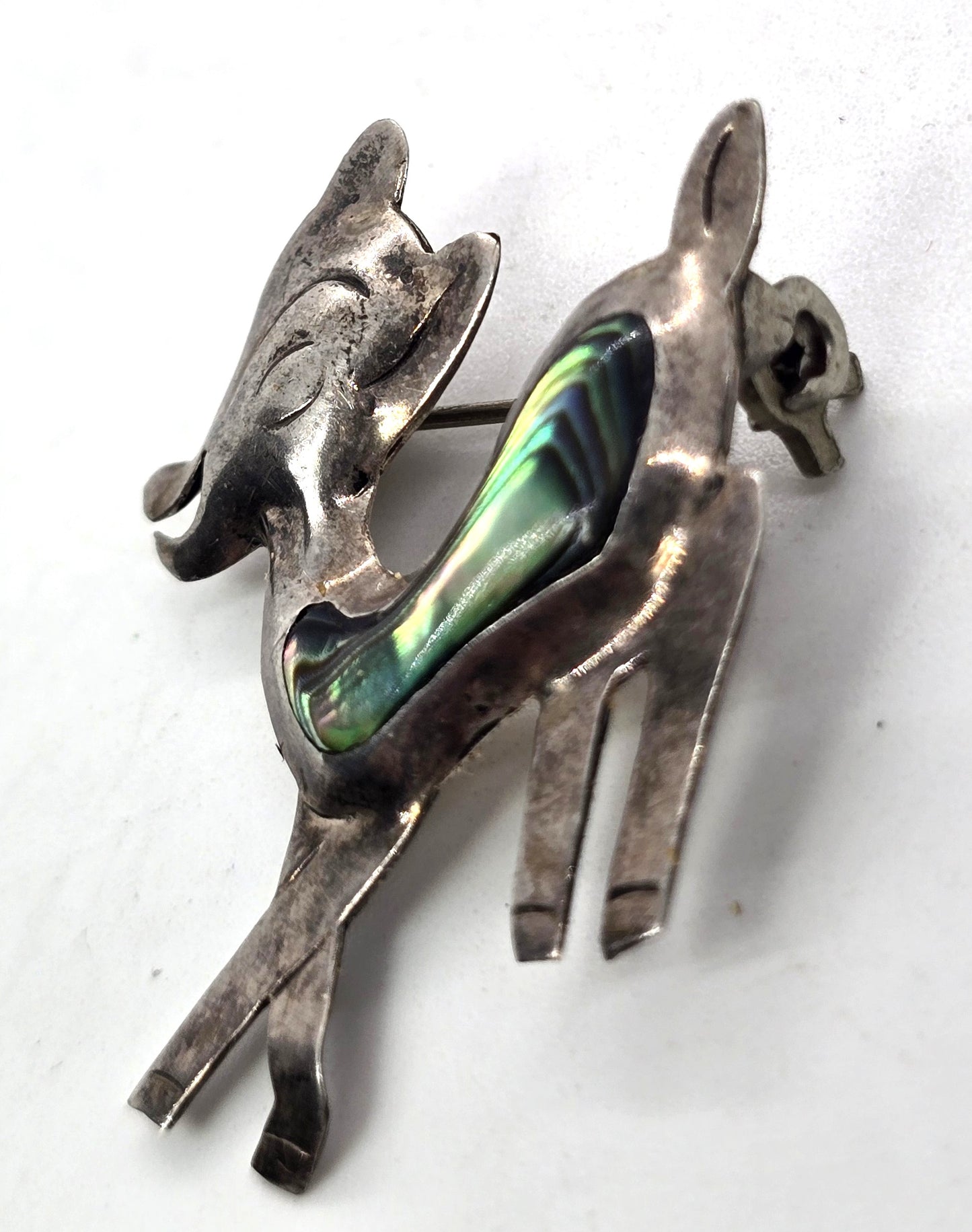 Baby fawn deer abalone ARK Mexico sterling silver vintage shell brooch