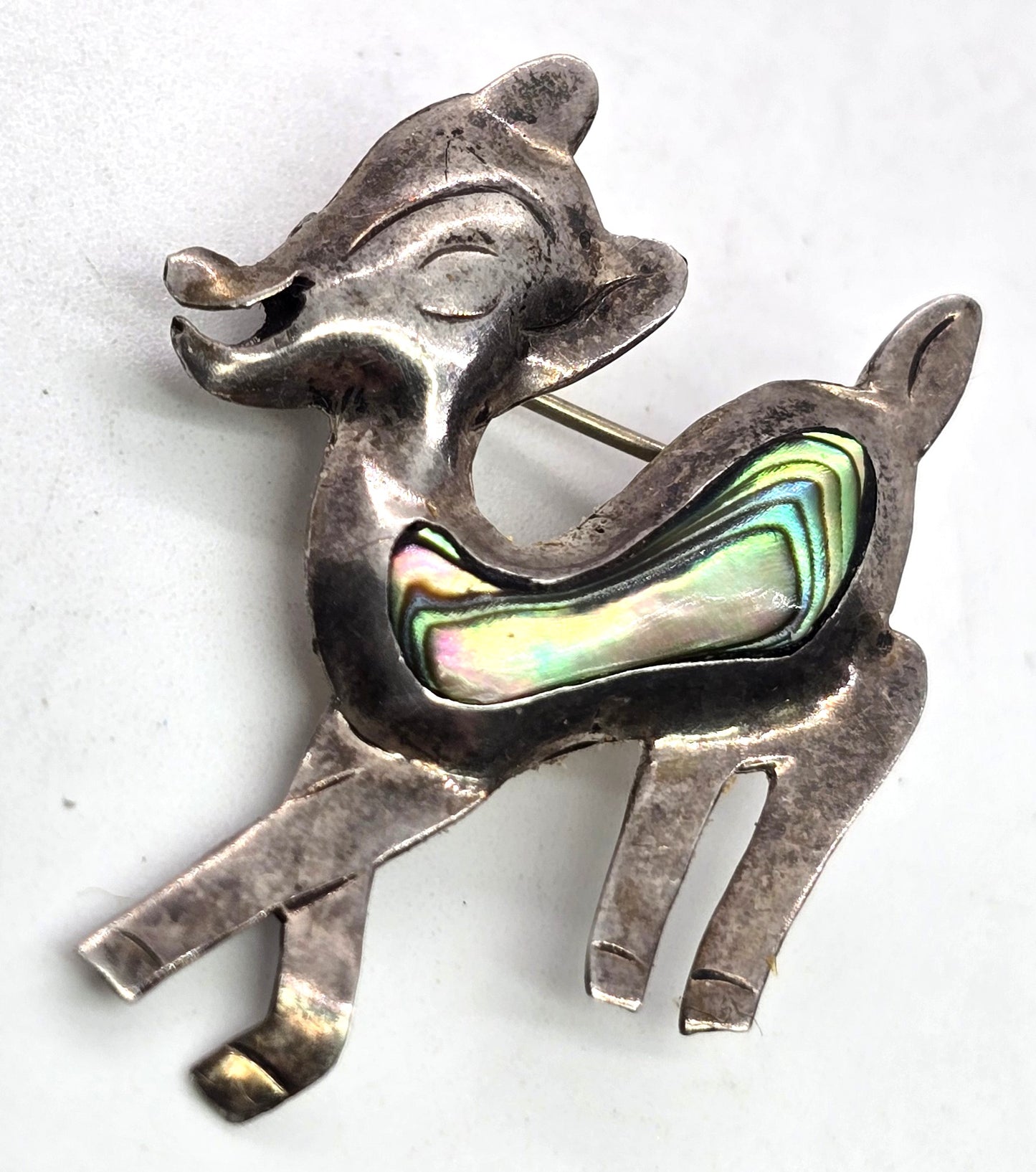 Baby fawn deer abalone ARK Mexico sterling silver vintage shell brooch