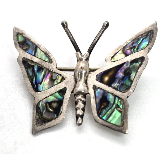 Butterfly abalone PET Taxco Mexico sterling silver vintage shell brooch