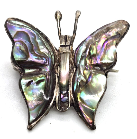 Butterfly abalone paua shell Taxco Mexico sterling silver vintage shell brooch