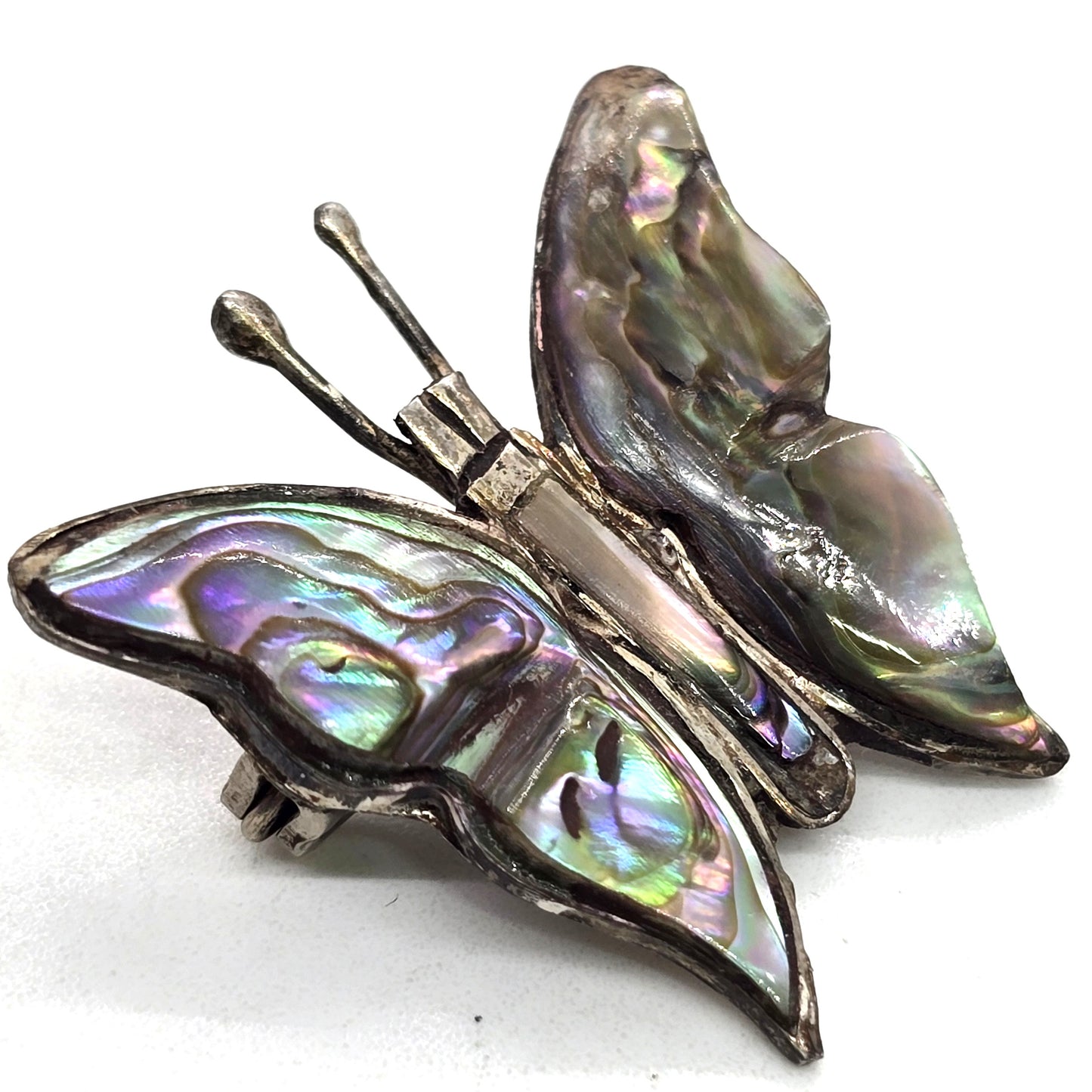 Butterfly abalone paua shell Taxco Mexico sterling silver vintage shell brooch