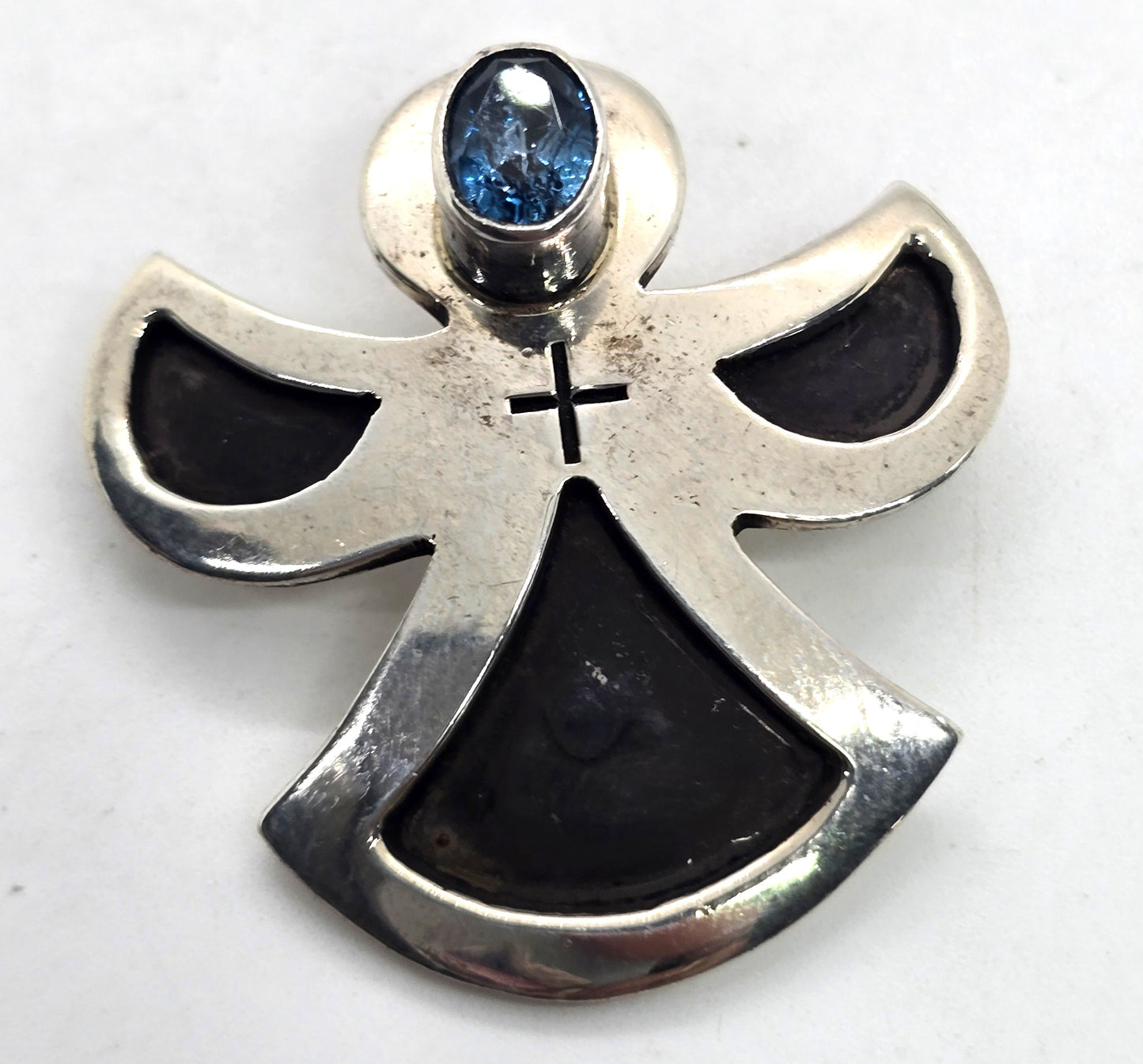 Blue topaz two tone vintage sterling silver cross angel vintage brooch