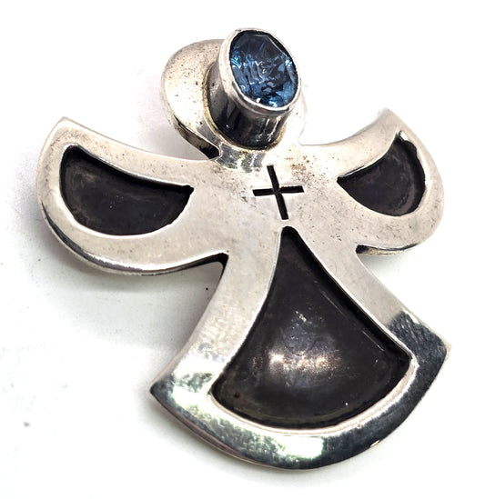 Blue topaz two tone vintage sterling silver cross angel vintage brooch