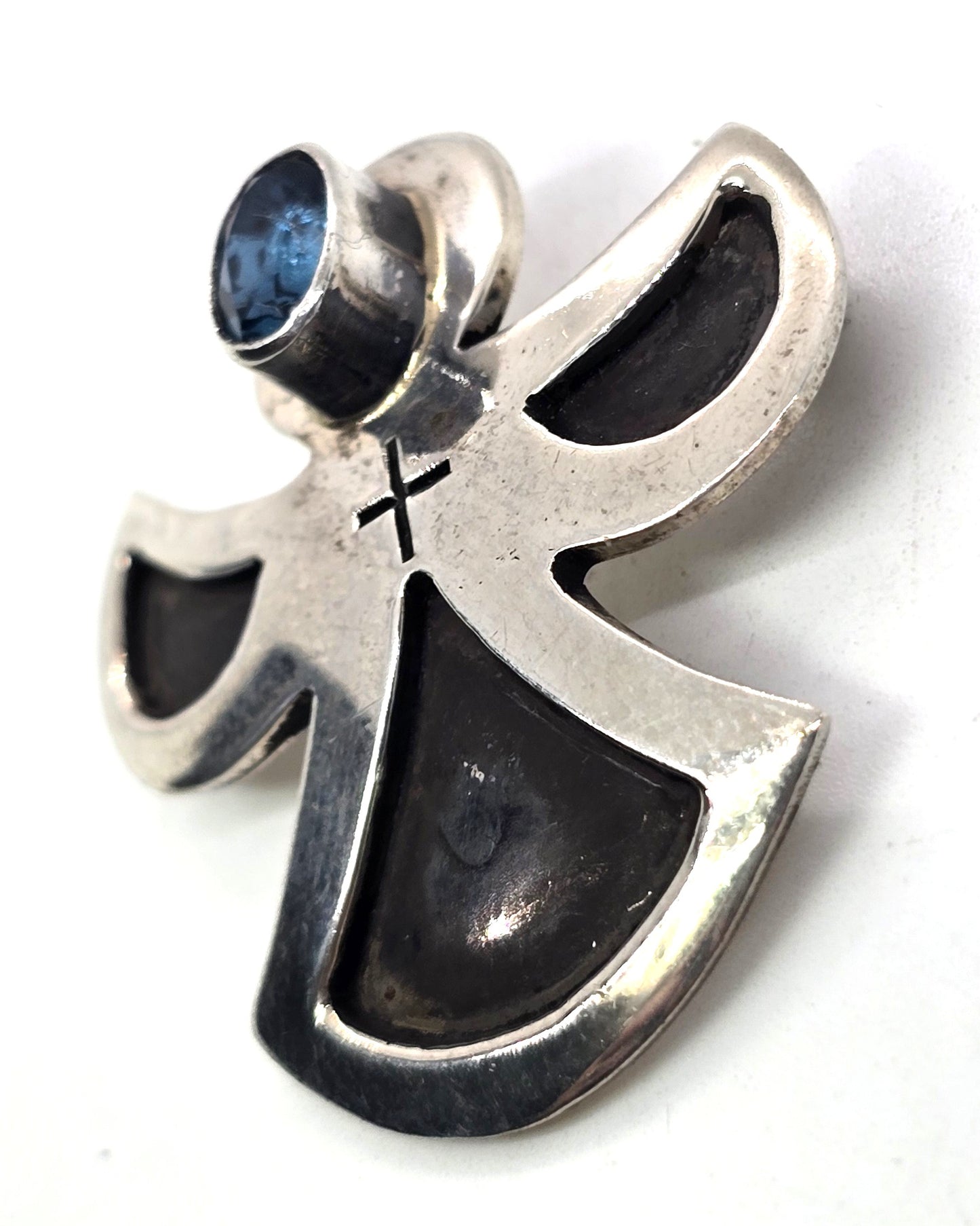 Blue topaz two tone vintage sterling silver cross angel vintage brooch