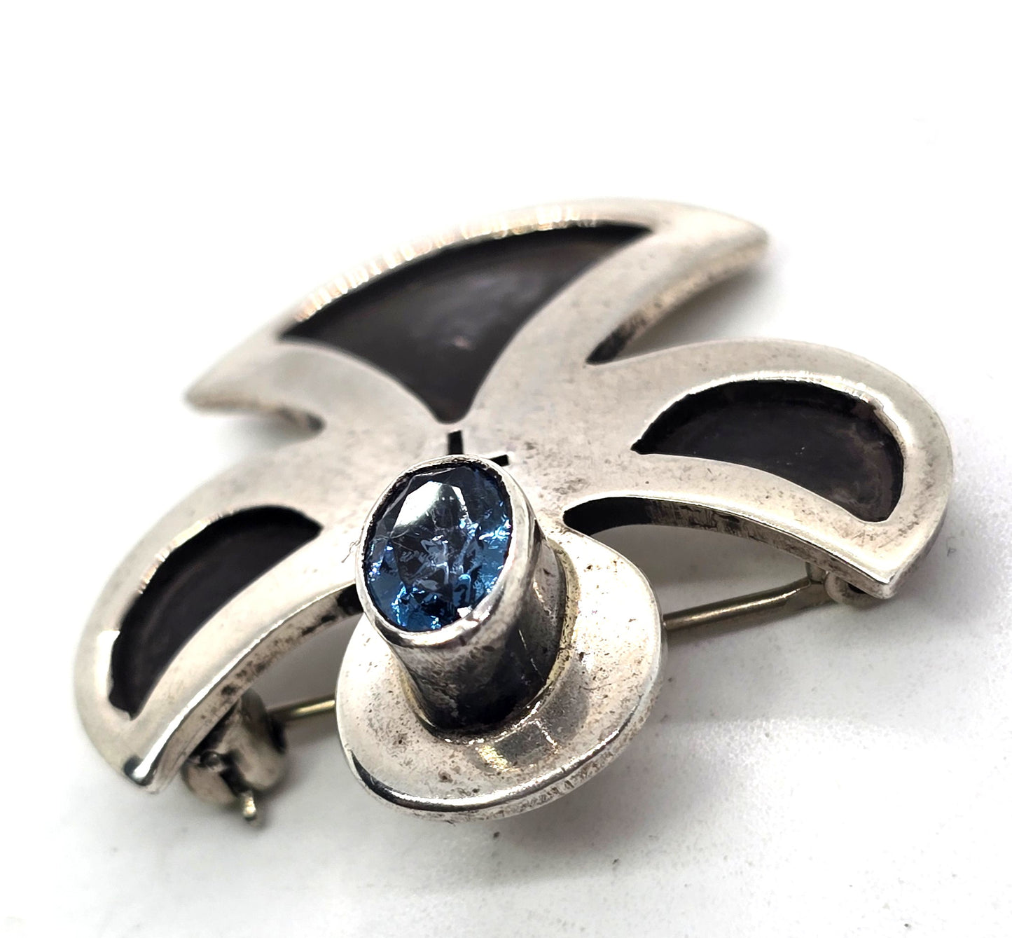 Blue topaz two tone vintage sterling silver cross angel vintage brooch