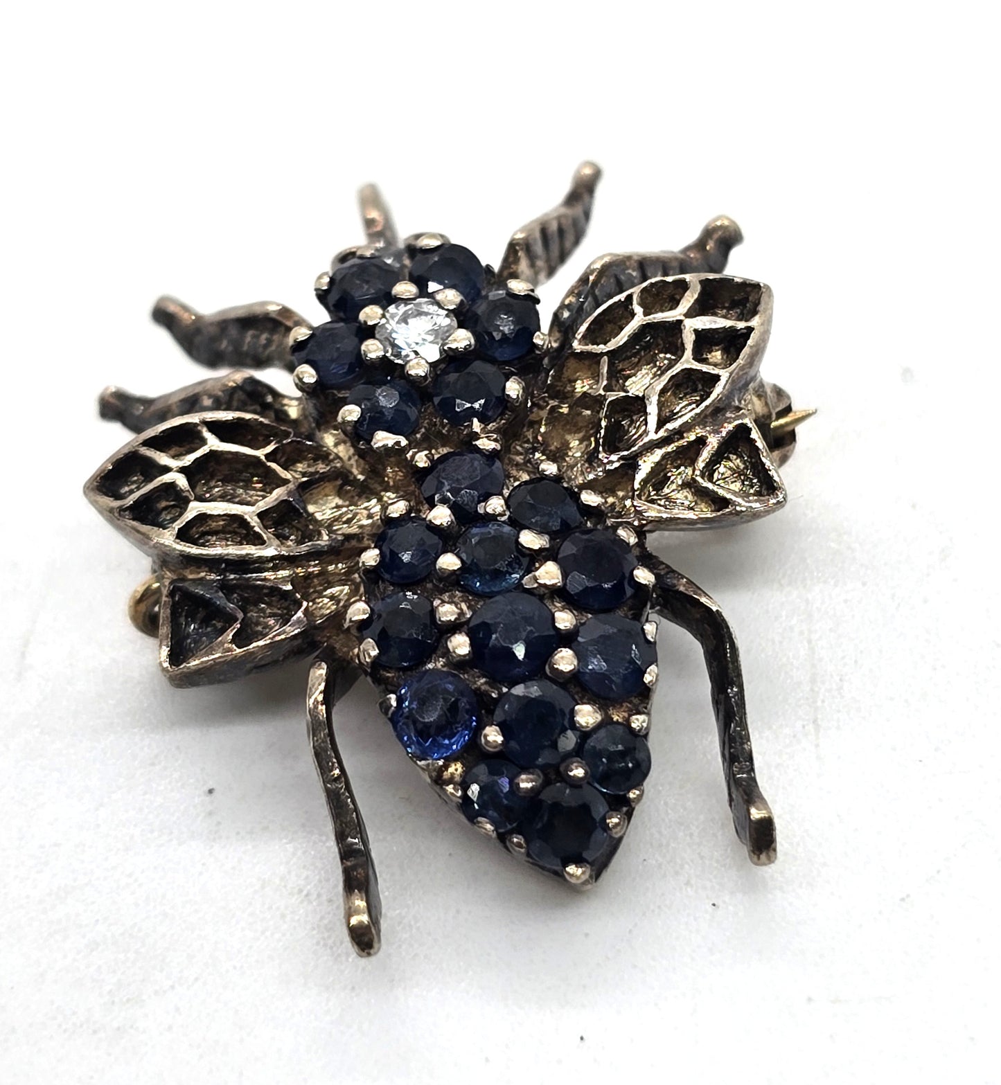 Blue Sapphire Bee sterling silver signed PAT bee pendant brooch