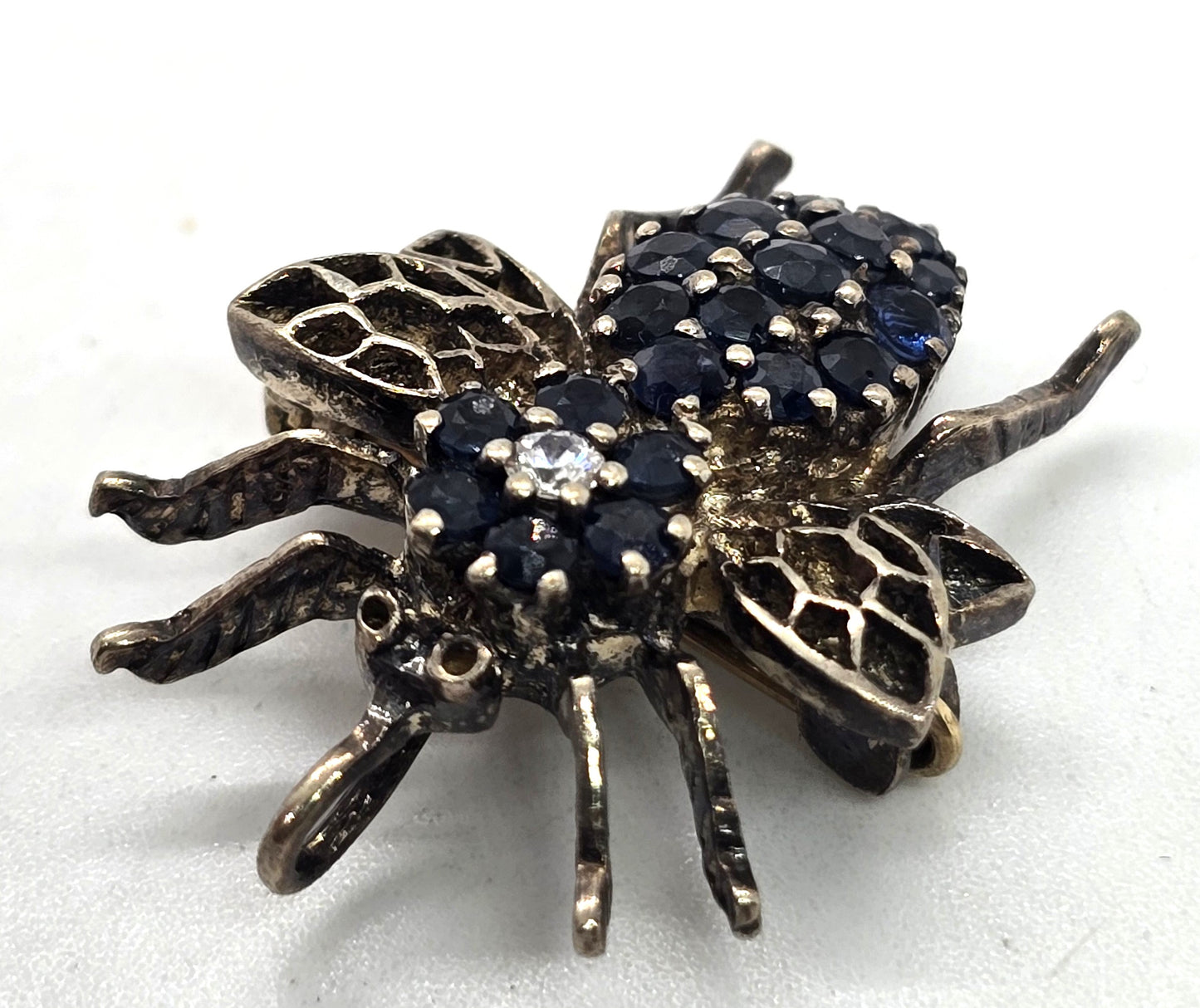 Blue Sapphire Bee sterling silver signed PAT bee pendant brooch