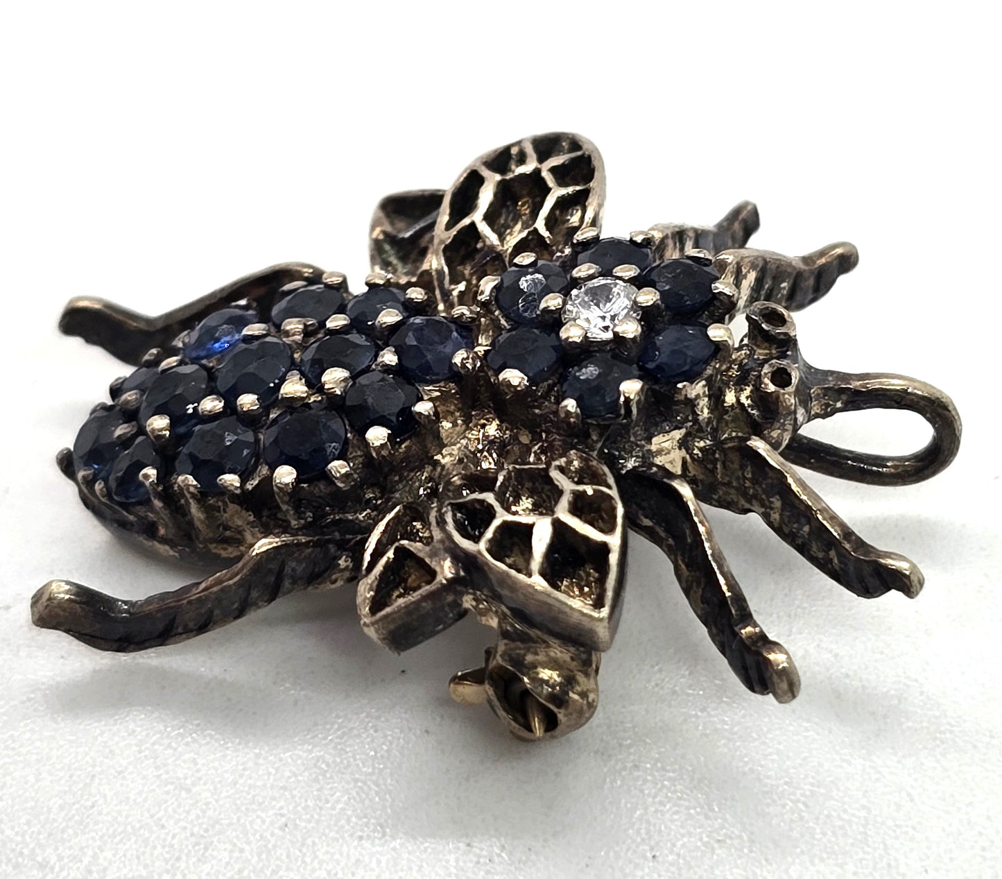 Blue Sapphire Bee sterling silver signed PAT bee pendant brooch