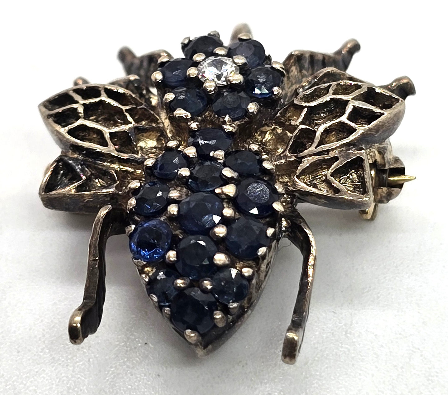 Blue Sapphire Bee sterling silver signed PAT bee pendant brooch