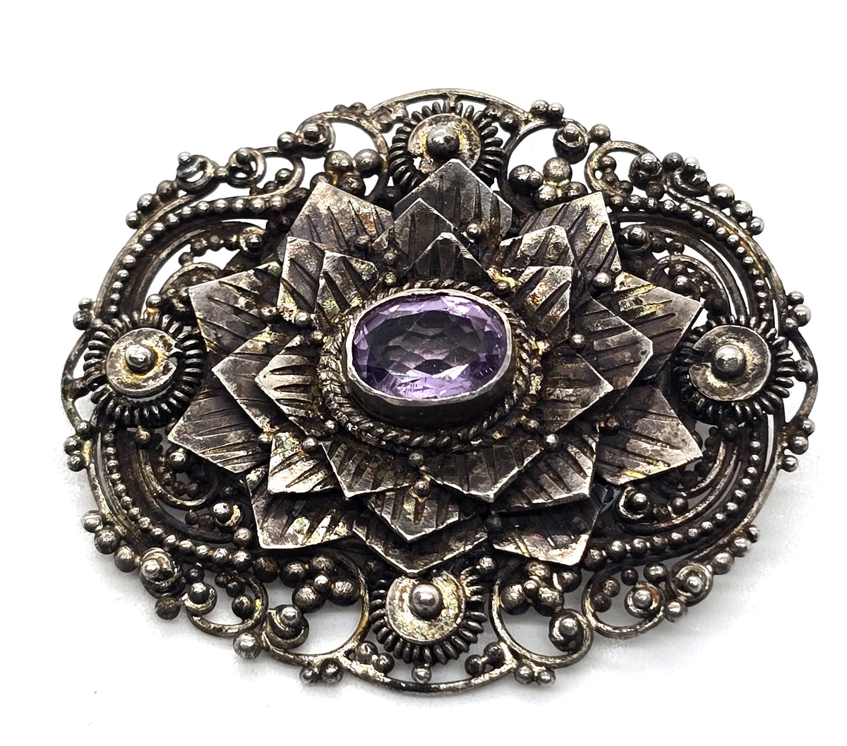 Amethyst purple flower gemstone vintage tribal sterling silver Pin Brooch