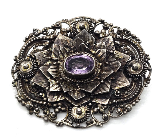 Amethyst purple flower gemstone vintage tribal sterling silver Pin Brooch