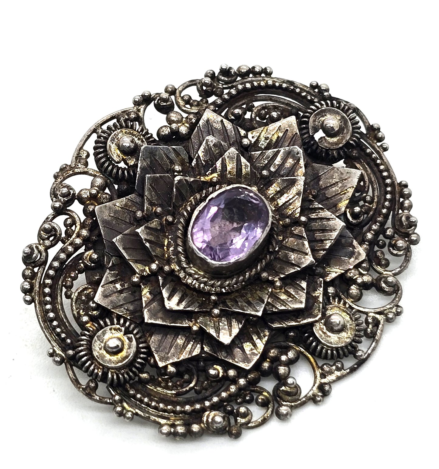 Amethyst purple flower gemstone vintage tribal sterling silver Pin Brooch