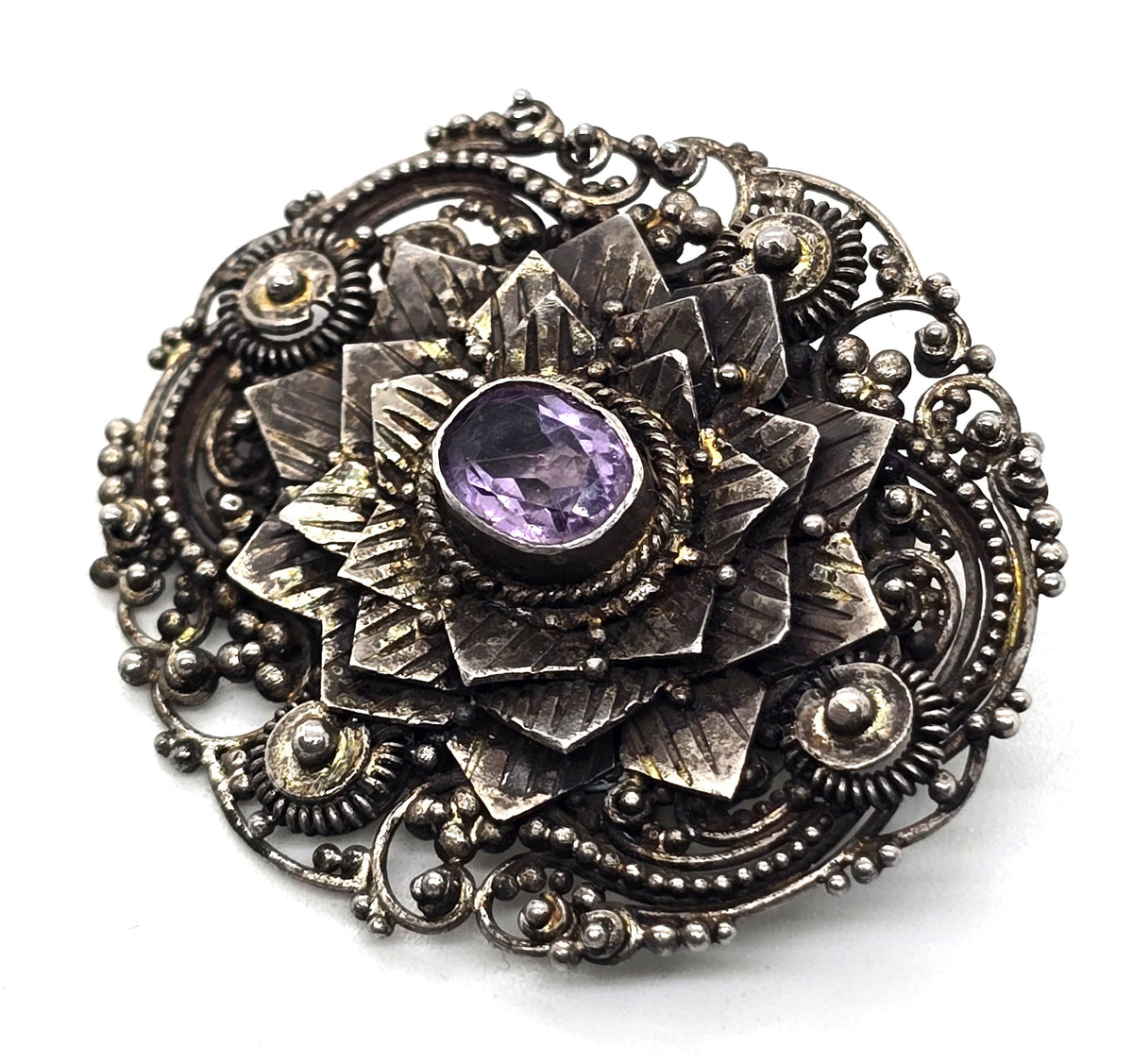 Amethyst purple flower gemstone vintage tribal sterling silver Pin Brooch