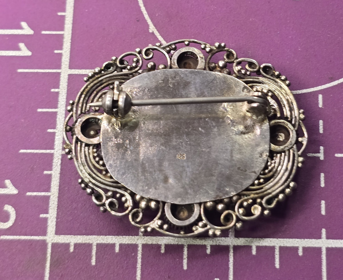 Amethyst purple flower gemstone vintage tribal sterling silver Pin Brooch