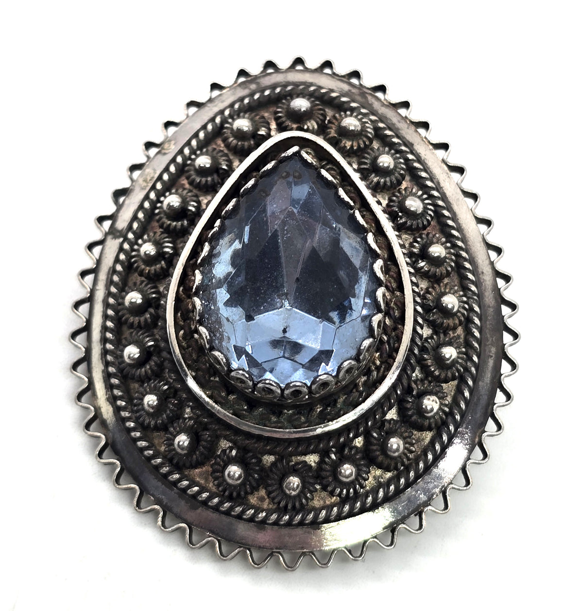 Faceted blue pear paste stone large vintage tribal sterling silver Pendant Brooch