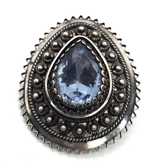 Faceted blue pear paste stone large vintage tribal sterling silver Pendant Brooch