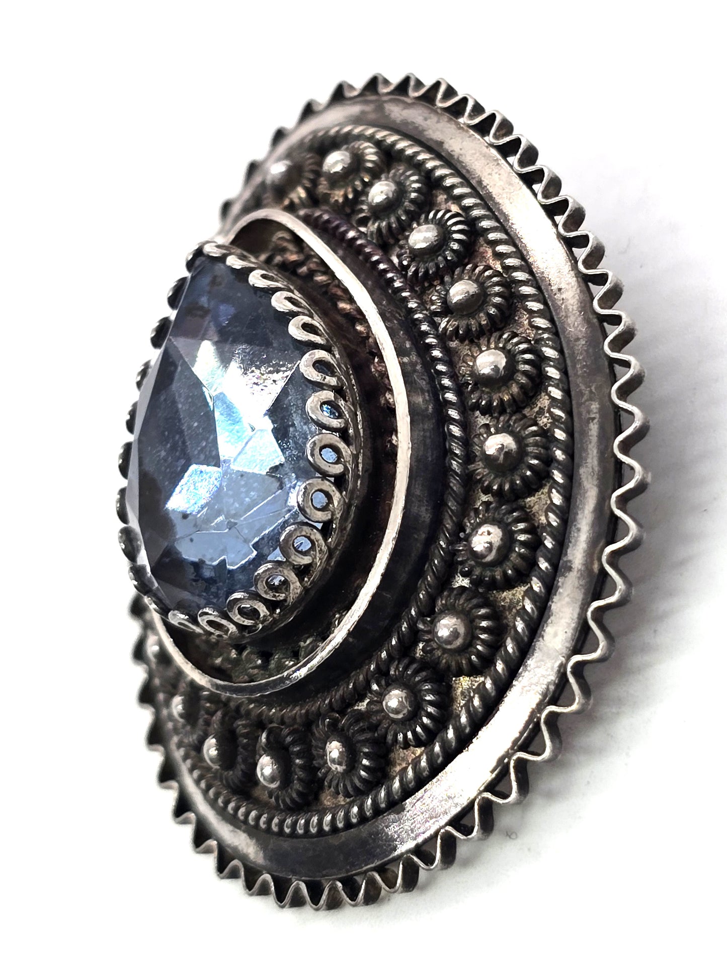 Faceted blue pear paste stone large vintage tribal sterling silver Pendant Brooch