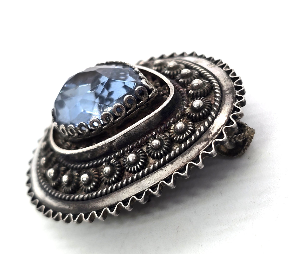 Faceted blue pear paste stone large vintage tribal sterling silver Pendant Brooch
