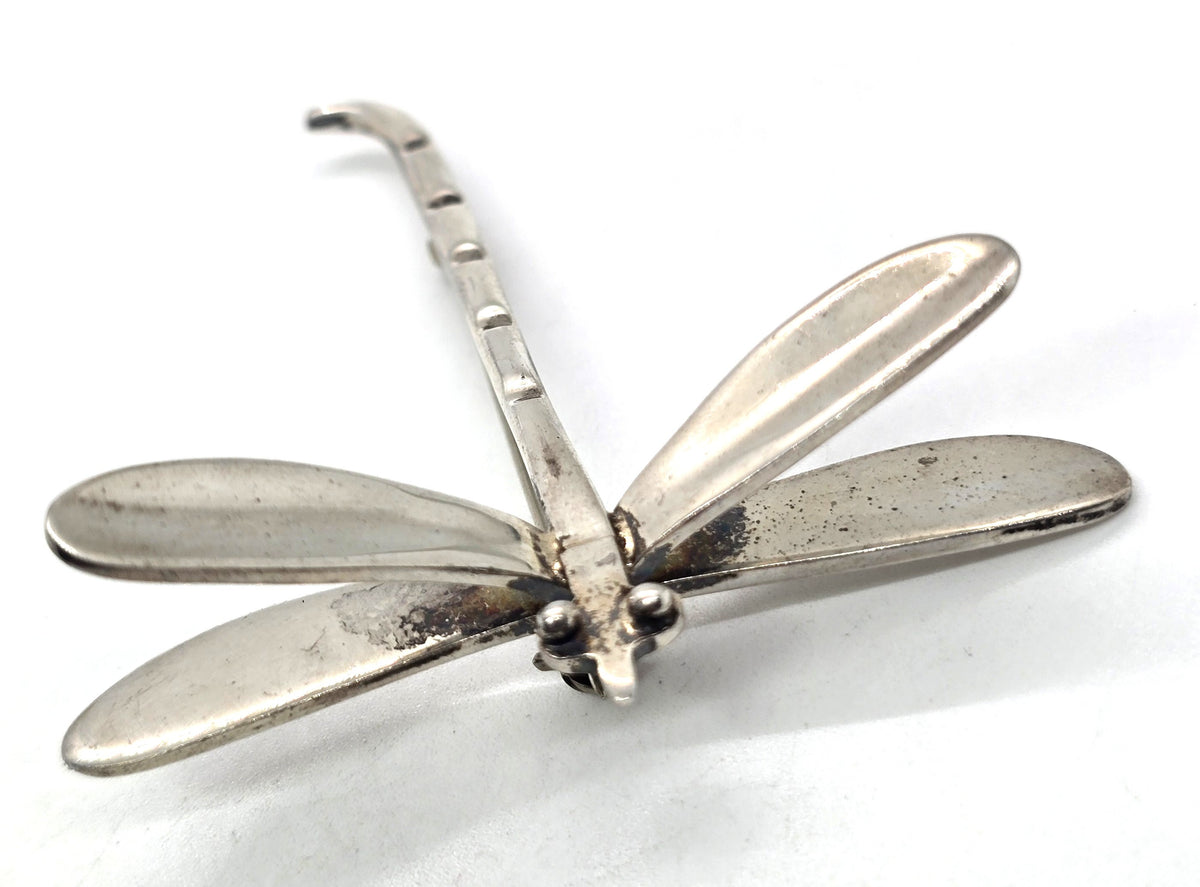 Dragonfly artisan handcrafted large sterling silver vintage brooch 925