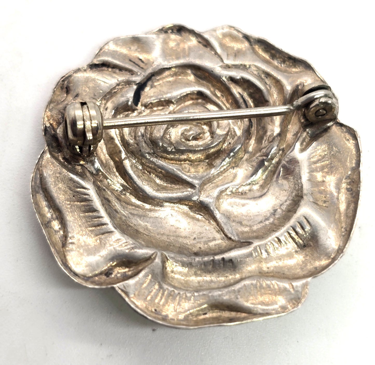 Sterling silver rose flowers mid century Repousse florist vintage pin brooch