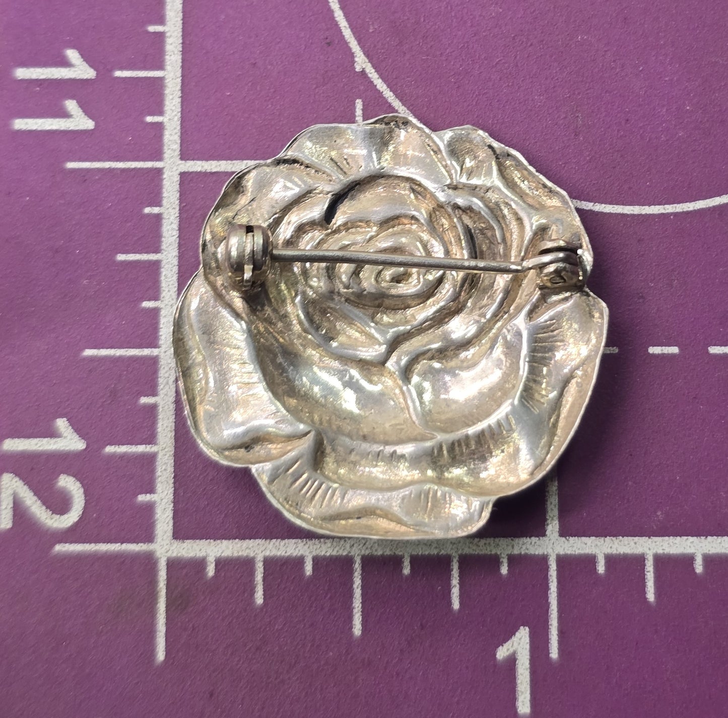Sterling silver rose flowers mid century Repousse florist vintage pin brooch