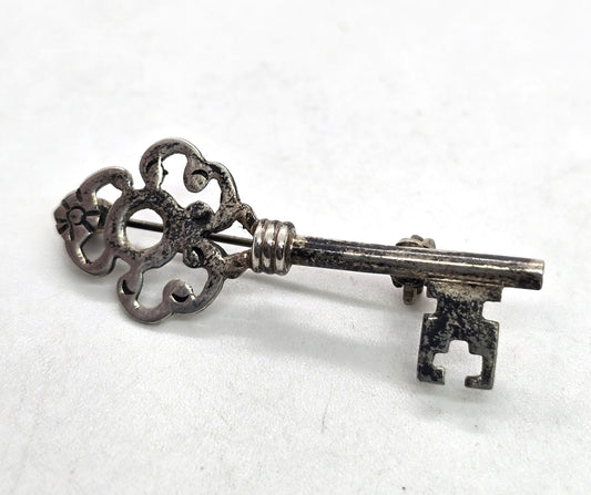 Filigree Key vintage signed Mexico Taxco eagle mark vintage sterling silver brooch