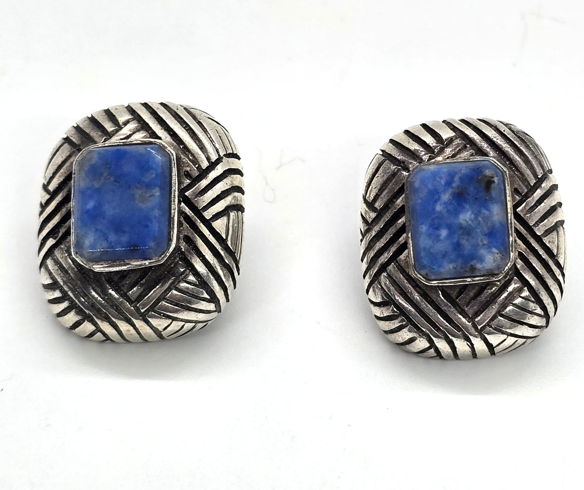 Large Sodalite sterling silver vintage clip on earrings