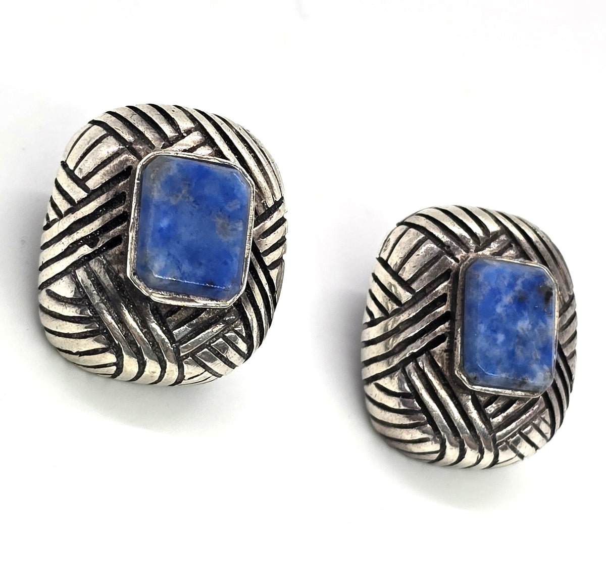 Large Sodalite sterling silver vintage clip on earrings