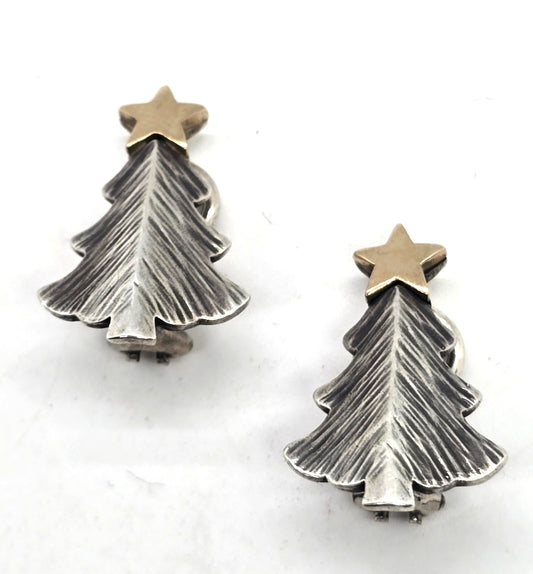 James Avery Christmas evergreen tree 14k star signed sterling silver clip earrings