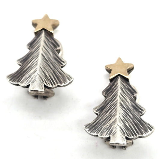James Avery Christmas evergreen tree 14k star signed sterling silver clip earrings