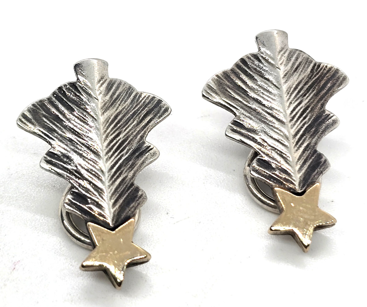 James Avery Christmas evergreen tree 14k star signed sterling silver clip earrings