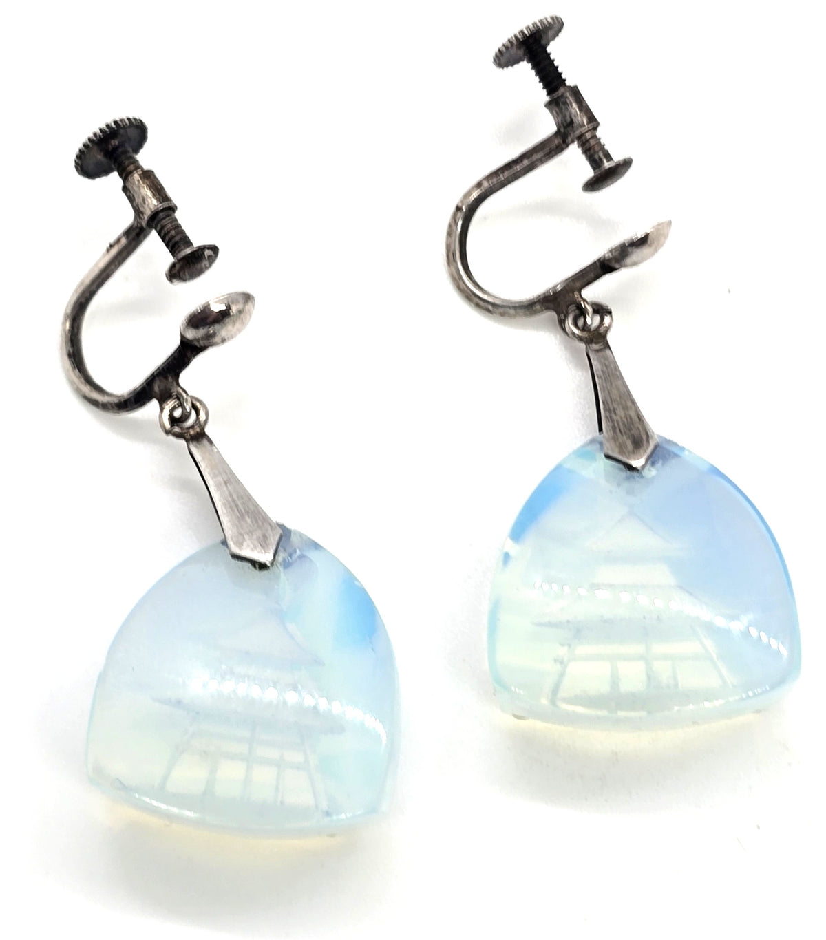 Opalite pagoda carved sterling silver drop screw back vintage earrings