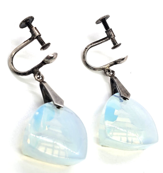 Opalite pagoda carved sterling silver drop screw back vintage earrings