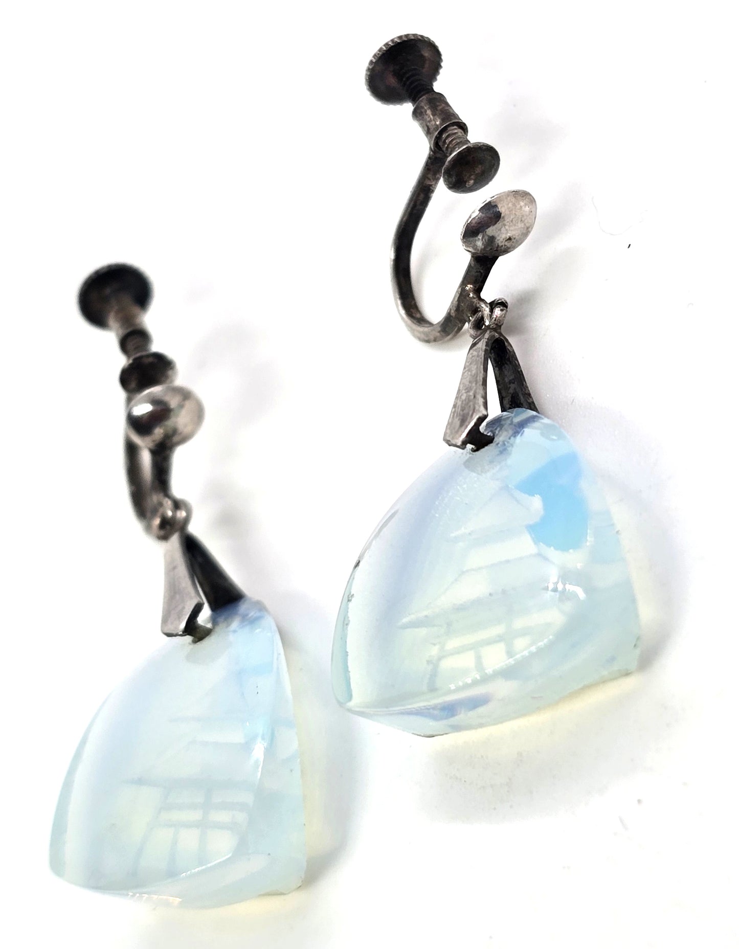 Opalite pagoda carved sterling silver drop screw back vintage earrings