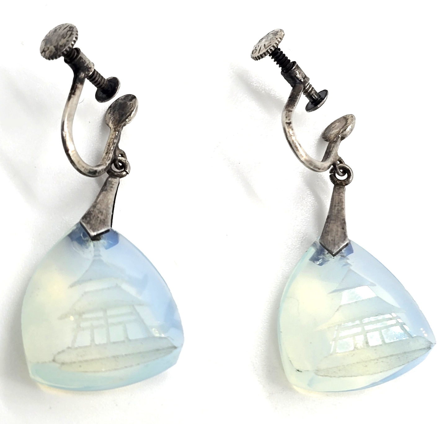 Opalite pagoda carved sterling silver drop screw back vintage earrings