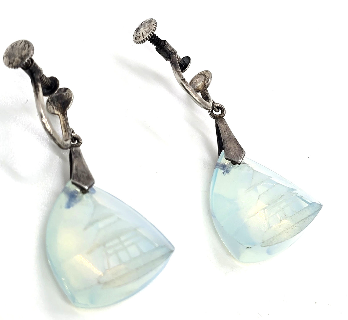 Opalite pagoda carved sterling silver drop screw back vintage earrings